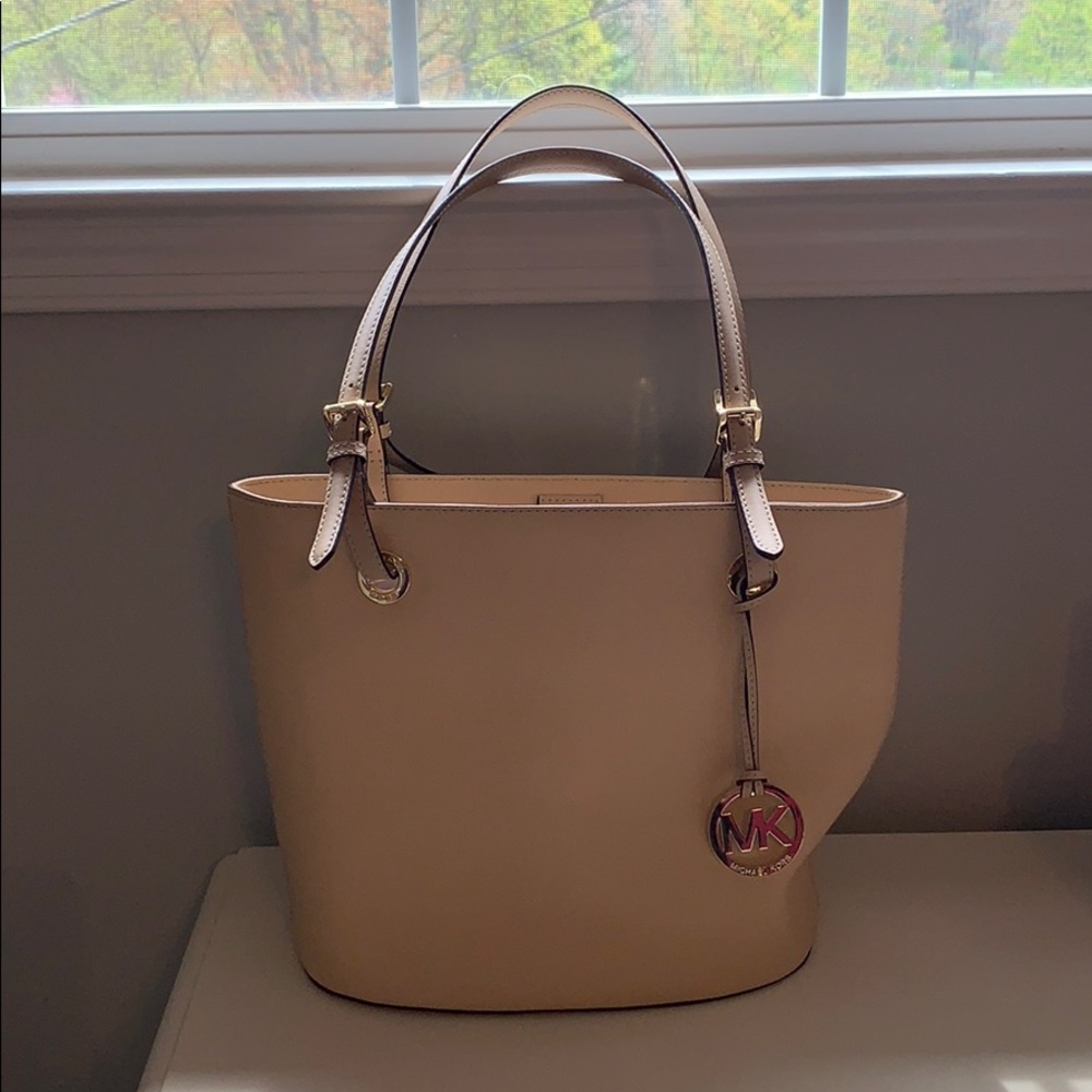 Michael Kors Beige Leather Tote Bag with Logo Charm